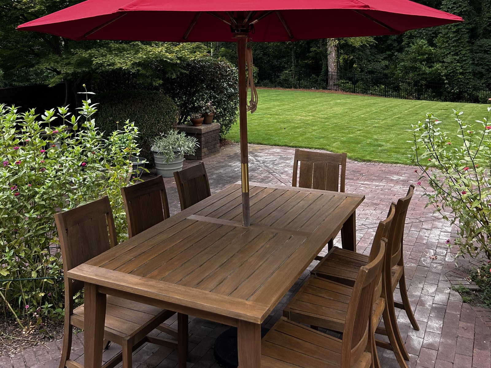 Restored teak dining table and chairs, after